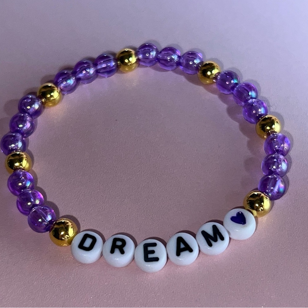 Purple and Gold Beaded Bracelet with 'DREAM' Letters